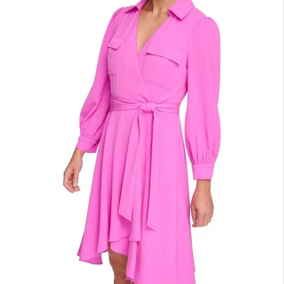 DKNY Pink Women's Long Sleeve Collar Solid Fit and Flare Dress with Pockets - Picture 5 of 5